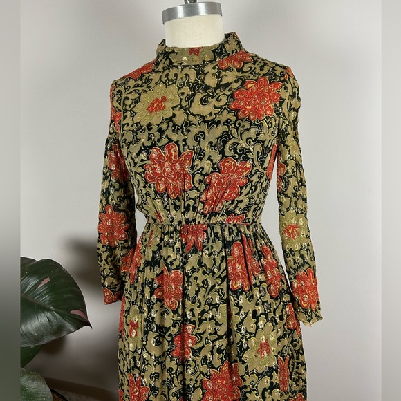 Vintage 60’s Gold Mock Neck Floral Maxi India Cotton Party Dress with Pockets - Picture 3 of 15